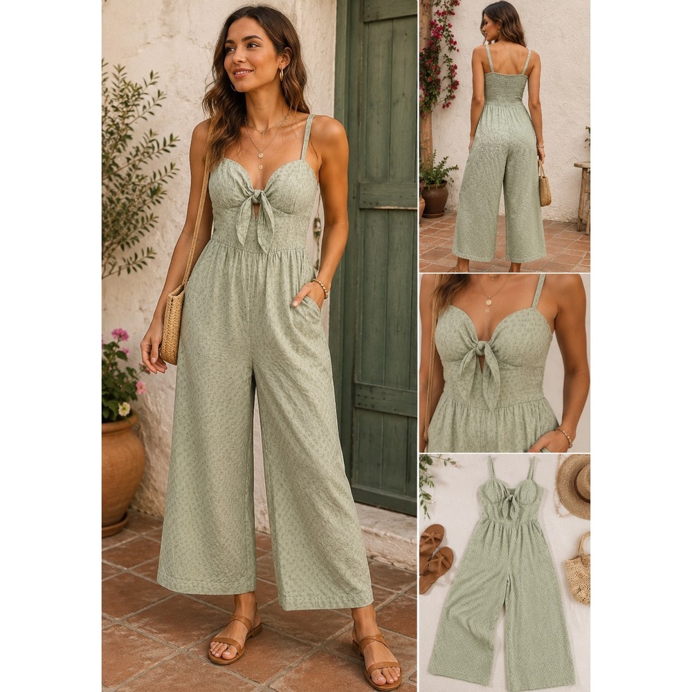 Disney Women Sage Green Tie Front Eyelet Wide Leg Cropped Jumpsuit Size Medium